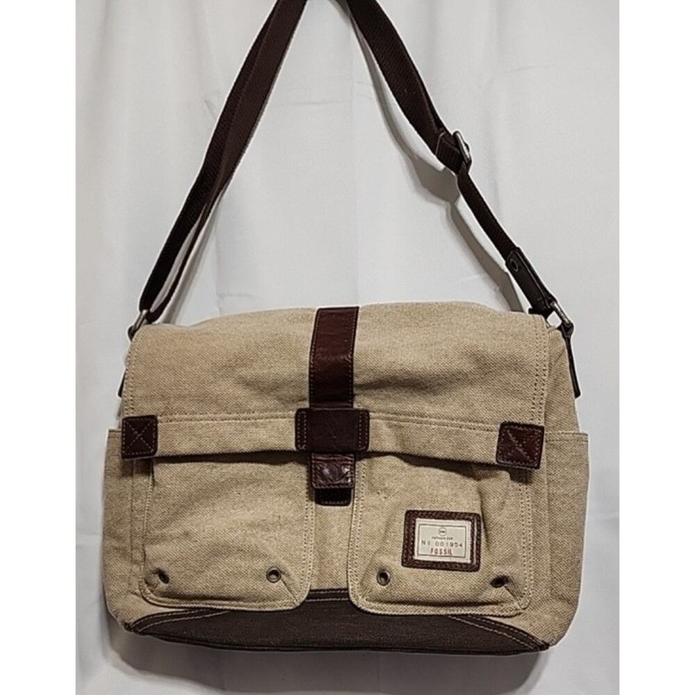 Fossil Vtg Canvas Leather Trim‎ Lg Messenger/Crossbody Bag Unisex 16"x12"